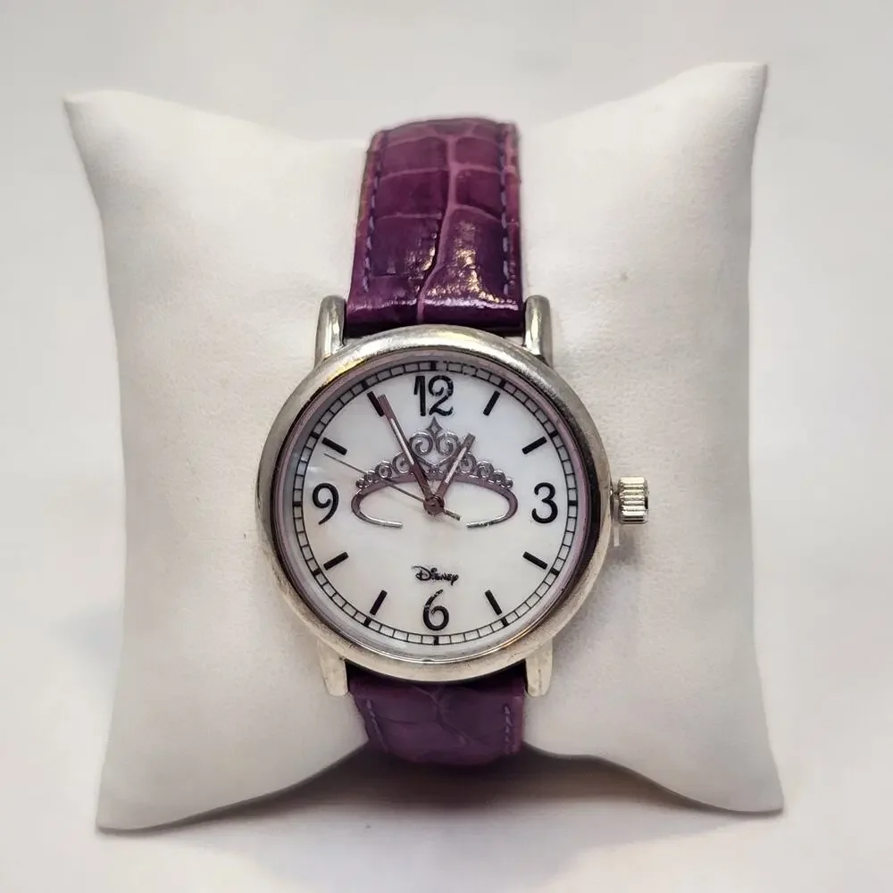 Disney Parks Cinderella Theme Crown Ladies Watch Purple Crock Embossed Leather